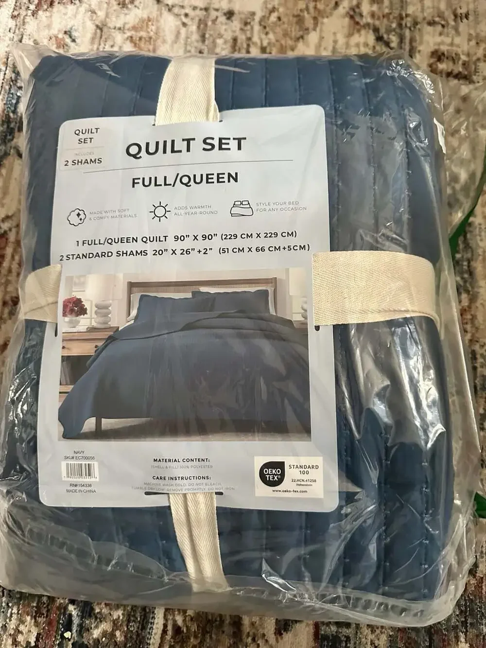 Full/Queen Navy Channel Stitch Quilt Set with 2 Standard Shams